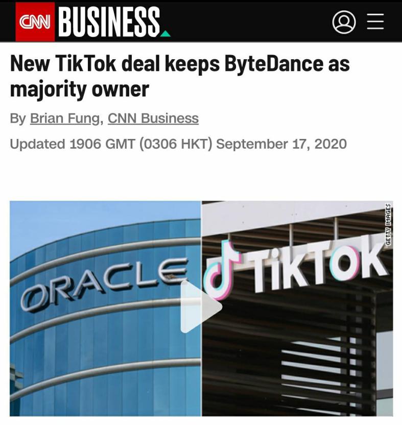 中国网|CNN：新协议让字节跳动保留了对TikTok的控股权