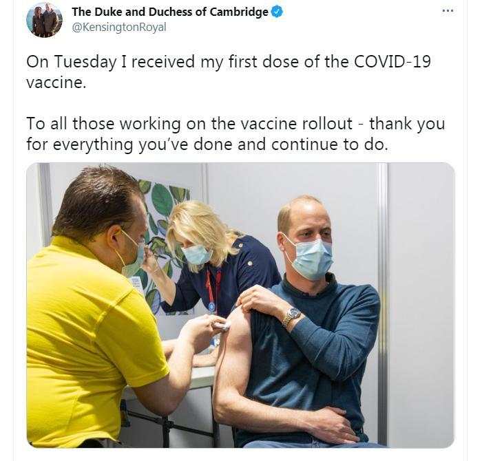 英国威廉王子接种首剂疫苗 曾于2020年感染新冠